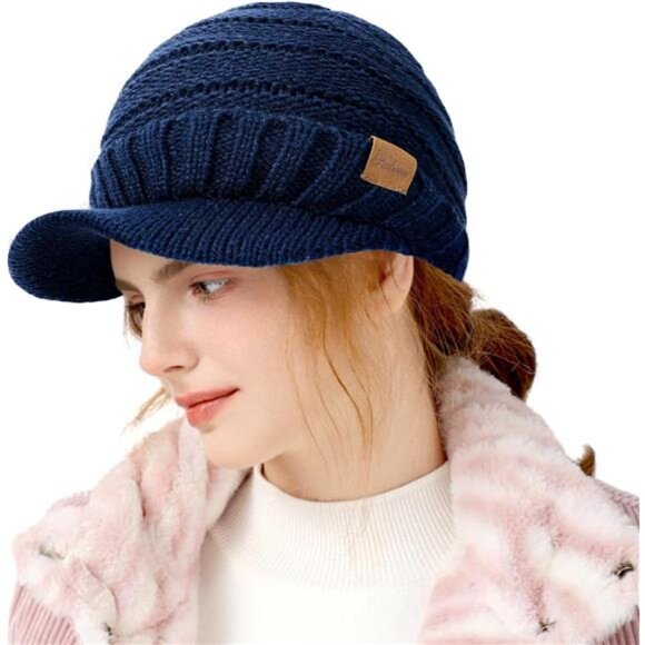 Cable Knit Visor Beanie with Fleece Softness